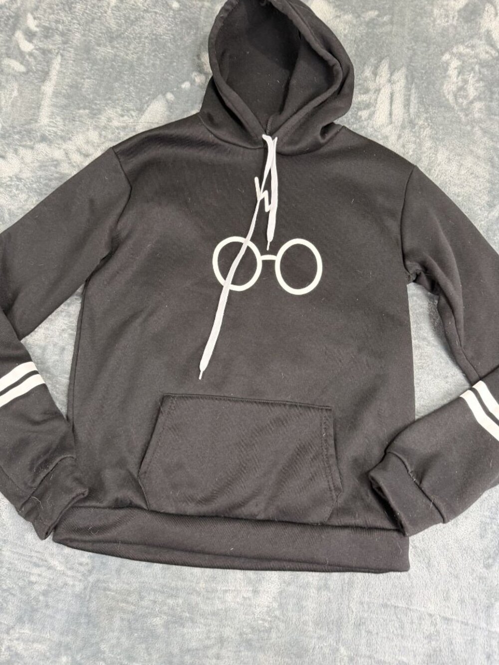Harry Potter Unisex Black Glasses Print Striped Sleeve Hoodie M